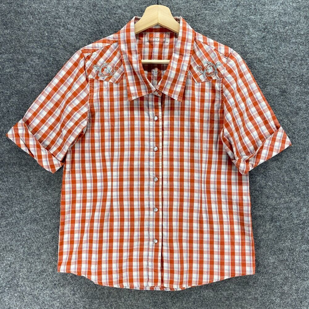 Bit&Bridle Shirt Women S Small Red Plaid Collared Button Up Short Sleeve Cotton